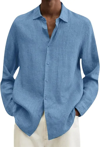 Vista 4 de EFOFEI Camisa de algodón y lino con botones para hombre, camisas casuales de manga larga, con solapa, color sólido