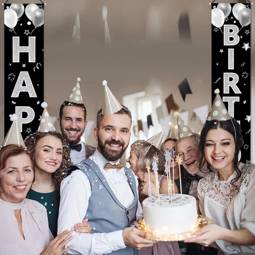 Vista 5 de Suministros de fiesta de feliz cumpleaños, letrero de porche y decoración de fondo para hombres y mujeres, cumpleaños de 16 a 90 años