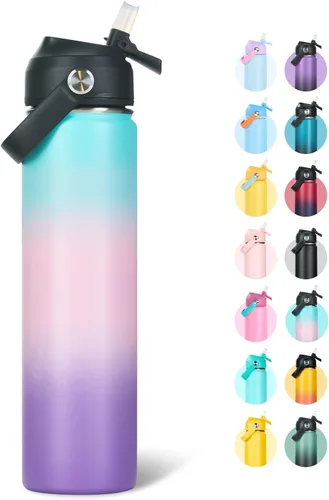 Vista 24 de Fijinhom Botella de agua aislada de acero inoxidable de 18 oz, de boca ancha, de doble pared, con vacío, con pajita de silicona, a prueba de sudor