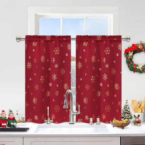 Vista 12 de FRAMICS Cortinas de Navidad con estampado de copos de nieve dorados en papel de aluminio, cortinas opacas con aislamiento térmico para sala de estar