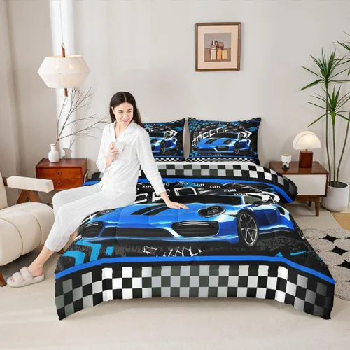 Vista 5 de Feelyou Juego de edredón azul de carreras para niños, juego de ropa de cama de coche deportivo para niños y niños, edredón deportivo geométrico a