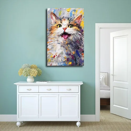 Vista 4 de Fyzuf Arte de pared de gato, pintura al óleo sobre lienzo, póster de lindo cubismo de gato, colorido, lindo, gatos, decoración estética, habitación
