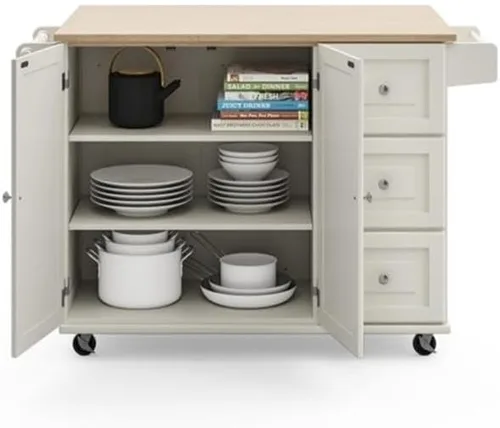 Vista 6 de Hawthorne Collections Carrito de cocina de madera, acabado blanco, encimera de hojas caídas, ruedas con bloqueo, estante de especias, barra