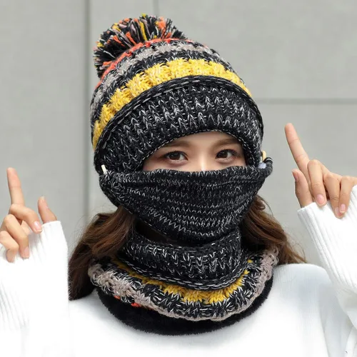 Vista 6 de Conjunto de 3 piezas para mujer, gorro de esquí, nieve, cuello, bufanda, máscara facial, pasamontañas, gorro de forro polar de punto de invierno