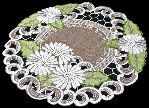 Vista 2 de LINENS Art and Things - Mantel individual bordado perlado con hojas verdes sobre marrón (redondo de 15 pulgadas)