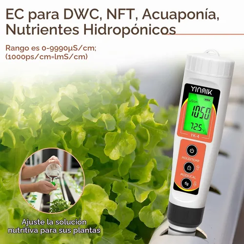Vista 4 de Yinmik Medidor de pH, medidor digital 4 en 1 de pH EC TDS Temp para agua hidropónica, probador de agua impermeable DWC de pH y EC PPM con Probador