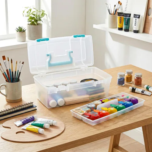 Vista 2 de ArtBin 6937AG Essentials contenedor con bandeja extraíble, organizador portátil de arte y manualidades con asa y bandeja, transparente/aguamarina