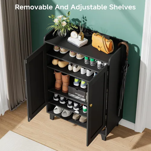 Vista 4 de Zapatero de estante plano con puertas, armario de almacenamiento de zapatos de 6 niveles con estantes ajustables, zapatero de madera para zapatos