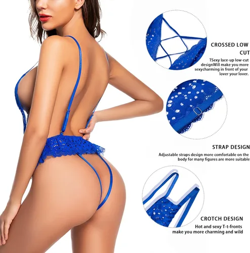 Vista 3 de ADSEXY Lencería para mujer, sexy, de encaje, de una pieza, transparente, cuello en V profundo, sin espalda, mini babydoll