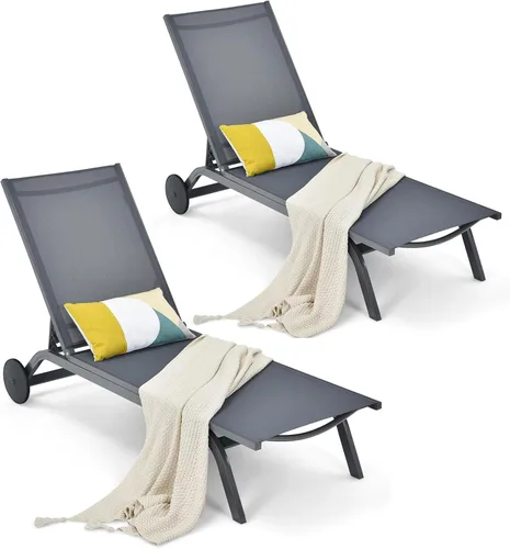 Vista 11 de COSTWAY Tumbona para patio al aire libre, sillón reclinable ajustable de 6 posiciones con marco de aluminio estable, silla portátil al aire libre