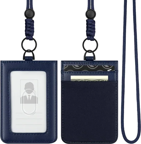 Vista 10 de VULKIT Soporte para tarjetas de identificación con cordón para mujeres y hombres, soporte vertical de cuero con ranura transparente para tarjetas