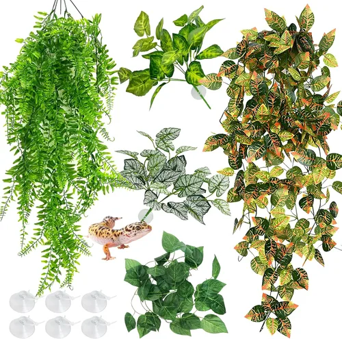 Vista 10 de Hamiledyi Plantas Artificiales para Reptiles, Vid Trepadora Flexible de Selva para Terrario, Rama de Ramas de Plástico Flexibles con Hojas Colgantes