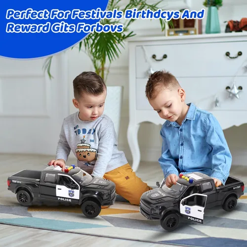 Vista 7 de Gran coche de policía de juguete con luces y música, una camioneta de juguete con puertas que se abren, para niños a partir de 3 años.