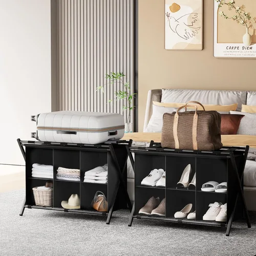 Vista 3 de Huhote Portaequipajes para habitación de invitados, soporte plegable para maleta con estante de almacenamiento de tela de 6 cubos, soporte