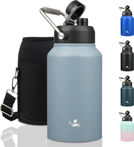 Vista 43 de Konokyo Jarra de medio galón con asa, botella de agua aislada de 64 onzas con bolsa de transporte, botella de metal de acero inoxidable al vacío