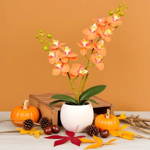 Vista 7 de Orquídea Artificial Flor Naranja en Maceta Blanca, Orquídea Phalaenopsis Sintética de Tacto Real para Decoración de Boda, Hogar, Oficina, Fiesta