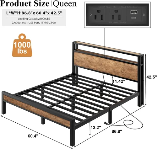 Vista 51 de LOEWAY Base de cama tamaño Queen con cabecero de almacenamiento y luces LED, color gris
