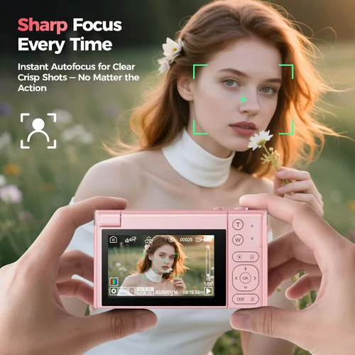 Vista 7 de Cámara digital 4K rosa para niñas adolescentes: cámara de videoblogs de 64 megapíxeles con pantalla giratoria - zoom 16X - cámara compacta linda