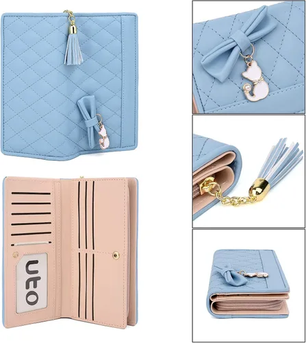 Vista 5 de UTO Cartera de piel sintética para mujer, de gran capacidad, colgante de gato, soporte para teléfono, organizador de chequera, con cremallera