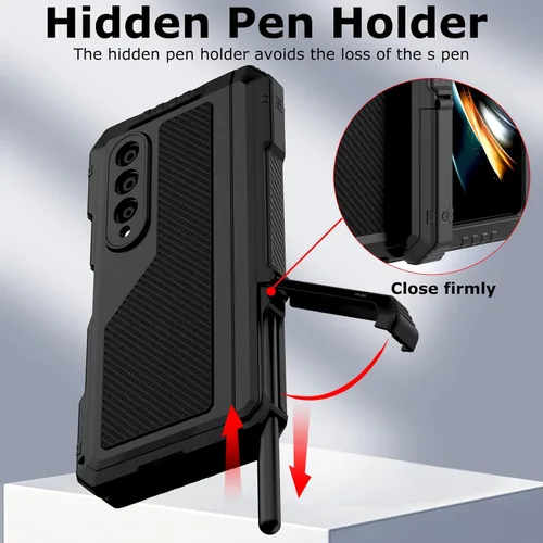 Vista 5 de Funda de metal para Samsung Galaxy Z Fold 4 con soporte para bolígrafo S, funda militar resistente Z Fold4 con protector de pantalla integrado, Negro