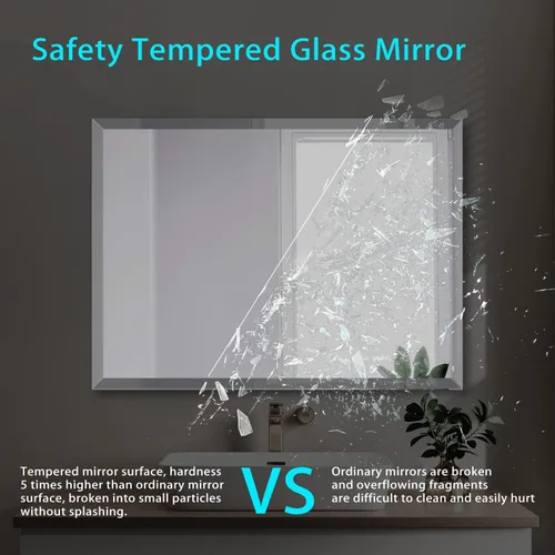 Vista 5 de Espejo de borde biselado de 20x28 pulgadas sin marco, rectangular para pared de baño, a prueba de explosiones y roturas, espejo de tocador