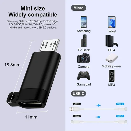 Vista 7 de Adaptador USB C a Micro USB, paquete de 4 adaptadores tipo C hembra a micro Negro