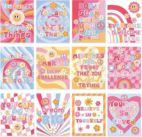 Vista 7 de Nezyo 12 pósteres retro Groovy para aula, diseño de flores hippie bohemias, decoración de tablón de anuncios, póster educativo para guardería
