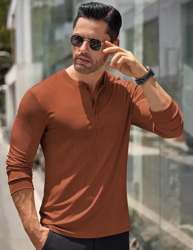 Vista 46 de COOFANDY Camisas Henley de manga larga para hombre, camisetas elásticas acanaladas, camisetas básicas casuales de moda