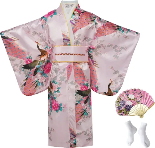 Vista 9 de Vestido kimono japonés para niñas, disfraz de anime, cosplay, Halloween, bata elegante Negro
