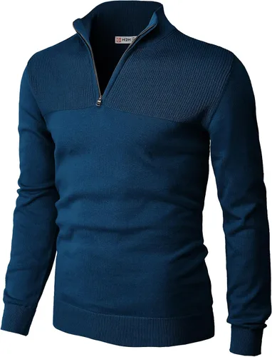 Vista 7 de H2H Suéter de cuarto cremallera para hombre, estilo casual, ajustado, polo Kmoswl021-azul marino