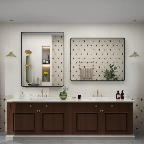 Vista 5 de Paquete de 2 espejos de baño con marco de metal negro de 22 x 30 pulgadas, espejo rectangular redondeado negro mate, antioxidante, se cuelga