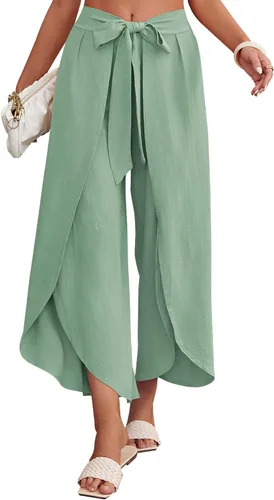 Vista 3 de ReachMe Pantalones casuales estilo palazzo de cintura alta para mujer, pantalones holgados de pierna ancha con lazo frontal dividido