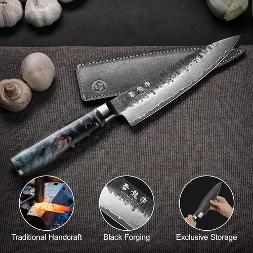 Vista 4 de Atumuryou - Cuchillo de chef japonés Damasco VG10 + cuchillo utilitario