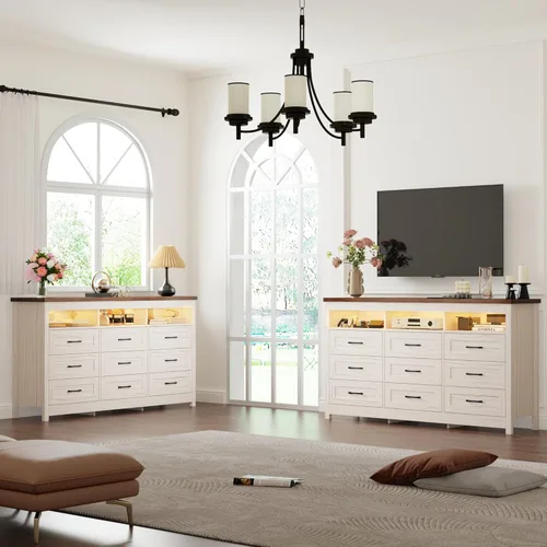 Vista 7 de Hlivelood Cómoda de granja de 9 cajones con luces LED, cómoda grande de 160 cm de ancho para dormitorio, cómoda de madera moderna con organizador