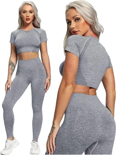 Vista 7 de YOFIT - Conjunto deportivo de 2 piezas leggings de yoga de cintura alta sin costuras y crop top con manga larga para mujer juego de ropa