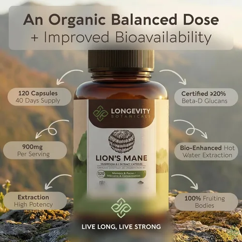 Vista 4 de Longevity Botanicals Cápsulas orgánicas de hongo melena de león extracto suplemento 120ct Hericium Erinaceus cuerpo fructífero ≥20%