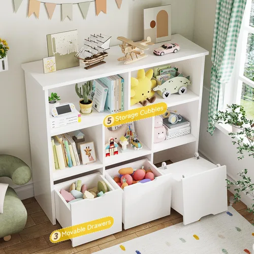 Vista 4 de Teckid Estantería para niños y almacenamiento de juguetes, organizador de juguetes con 3 contenedores móviles y 5 cubos abiertos, almacenamiento