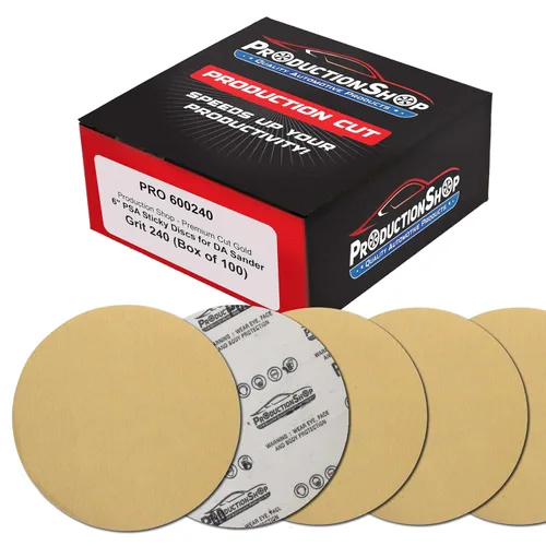 Vista 13 de ProductionShop Discos de lijado dorados PSA de grano 60 de 6 pulgadas, caja de 80 unidades, papel de lija abrasivo autoadhesivo para lijadoras
