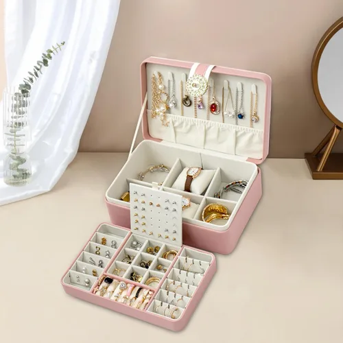 Vista 6 de Uhelper Organizador de aretes para mujer, joyero grande de 2 capas con espejo, tarjeta de regalo hecha a mano y papel de regalo, soporte de joyería