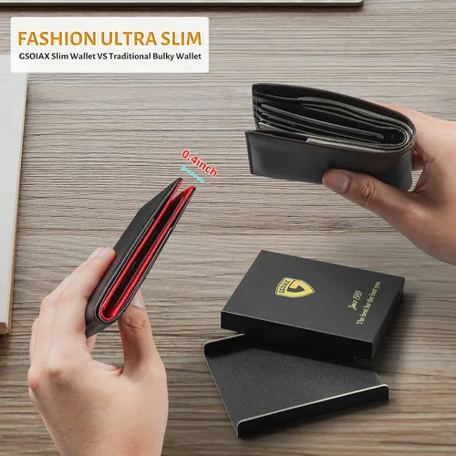 Vista 62 de GSOIAX Cartera delgada de cuero plegable RFID para hombre, billetera minimalista con bolsillo frontal con clip para dinero, 12 ranuras para Negro