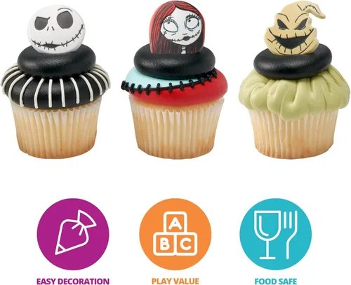 Vista 2 de DecoPac Anillos de The Nightmare Before Christmas, decoraciones de cupcakes con Jack, Sally y Oogie Boogie, paquete de 24