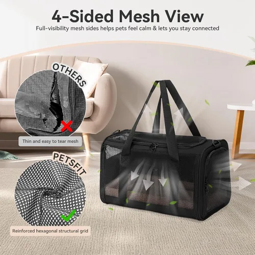 Vista 6 de PETSFIT Transportador de gatos de lados suaves con hebillas de seguridad patentadas, cremalleras bloqueables y correa de seguridad, transportador