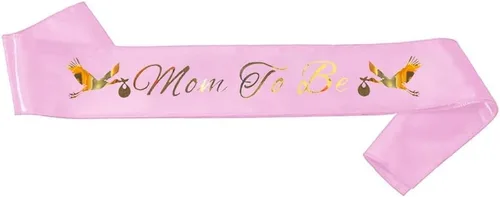Vista 5 de Banda para baby shower con texto en inglés "Dad To Be & Mom To Be", color rosa con letras doradas para papá y mamá para baby shower Banda