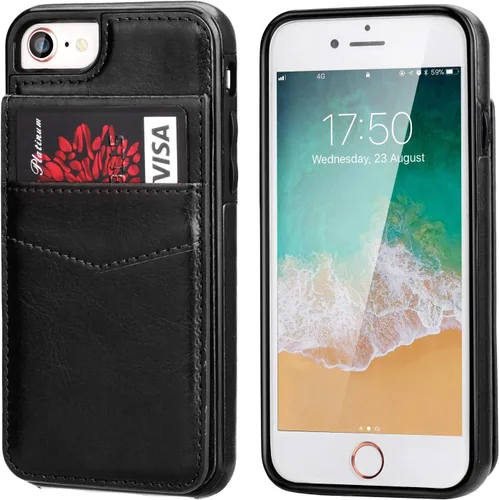 Vista 3 de KIHUWEY Funda tipo cartera para iPhone SE iPhone 7/8 con tarjetero de crédito, cierre magnético de cuero de primera calidad, resistente función Negro