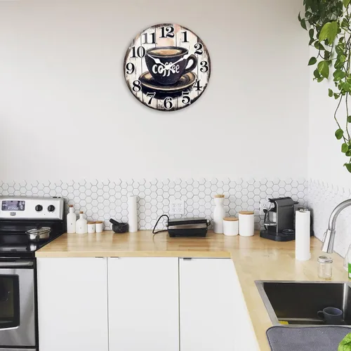 Vista 4 de Reloj de pared vintage con letrero de café para cocina, estilo rústico, funciona con pilas, para cocina/cafetería/comedor/hogar (12 pulgadas)