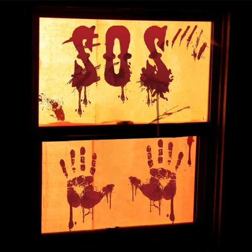 Vista 7 de Tuzuaol 119 piezas de decoraciones de Halloween sangrientas huellas de manos sangrientas de Halloween, calcomanías de cuchillo, calcomanías