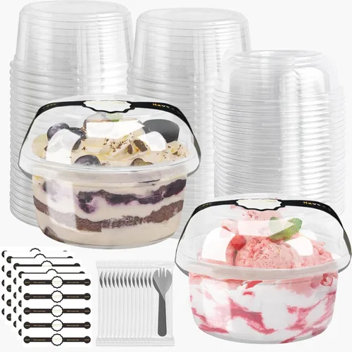 Vista 9 de Recipientes de Comida Desechables Con Tapas Y Cucharas Paquete de 50 de 24oz Vasos Para Parfait Postre Ensalada de Frutas Para Llevar Preparación