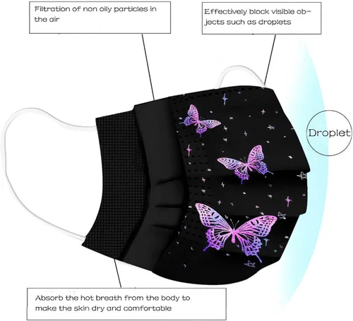 Vista 7 de Paquete de 50 mascarillas de mariposa para adultos, desechables, para mujeres, para el cuidado de la piel, gruesas, 3 capas, transpirable, filtro