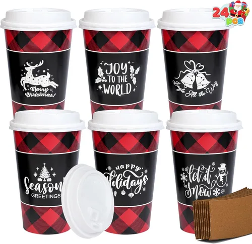 Vista 9 de JOYIN 24 piezas de vasos de papel desechables de Navidad, vasos de fiesta de Feliz Navidad de 16 oz con mangas y tapas, 4 diseños de vajilla