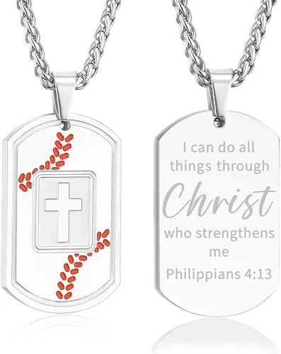 Vista 21 de Collar de cruz con versículo bíblico de béisbol, acero inoxidable, dije de cruz en tono negro/dorado/plateado, regalos religiosos, joyería deportiva
